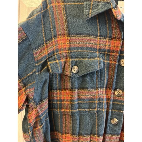 American Eagle Flannel Shirt Women Large Green Plaid Button Up Cropped Oversized - Picture 3 of 5